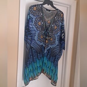 Shahida Parides Beautiful Blue&Green Feather Design w/Beads Kaftan LNWOT One Sz